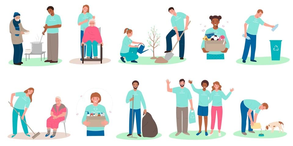 graphic illustration of people doing donations and recycling