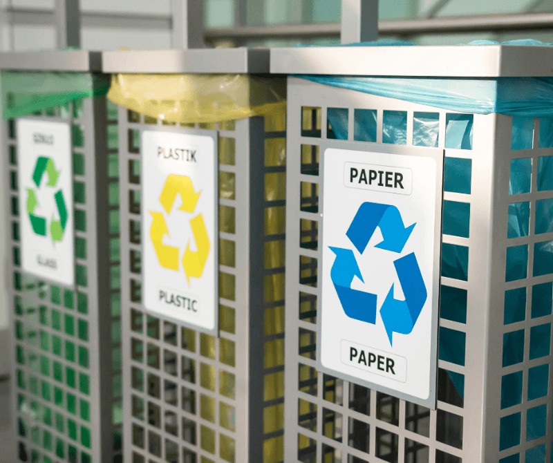 proper waste management green yellow and blue trash cans.
